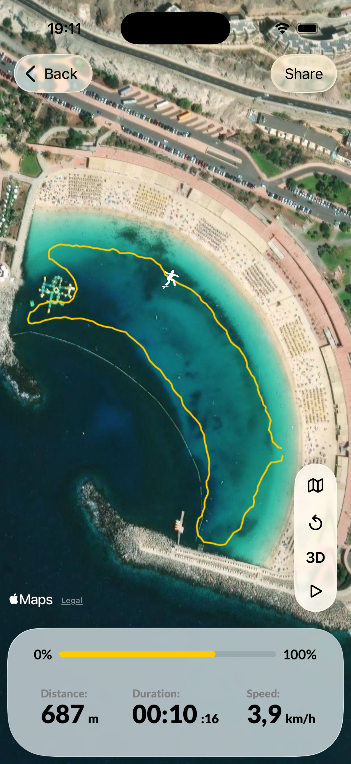 GPS track of a watersports session on a satellite map